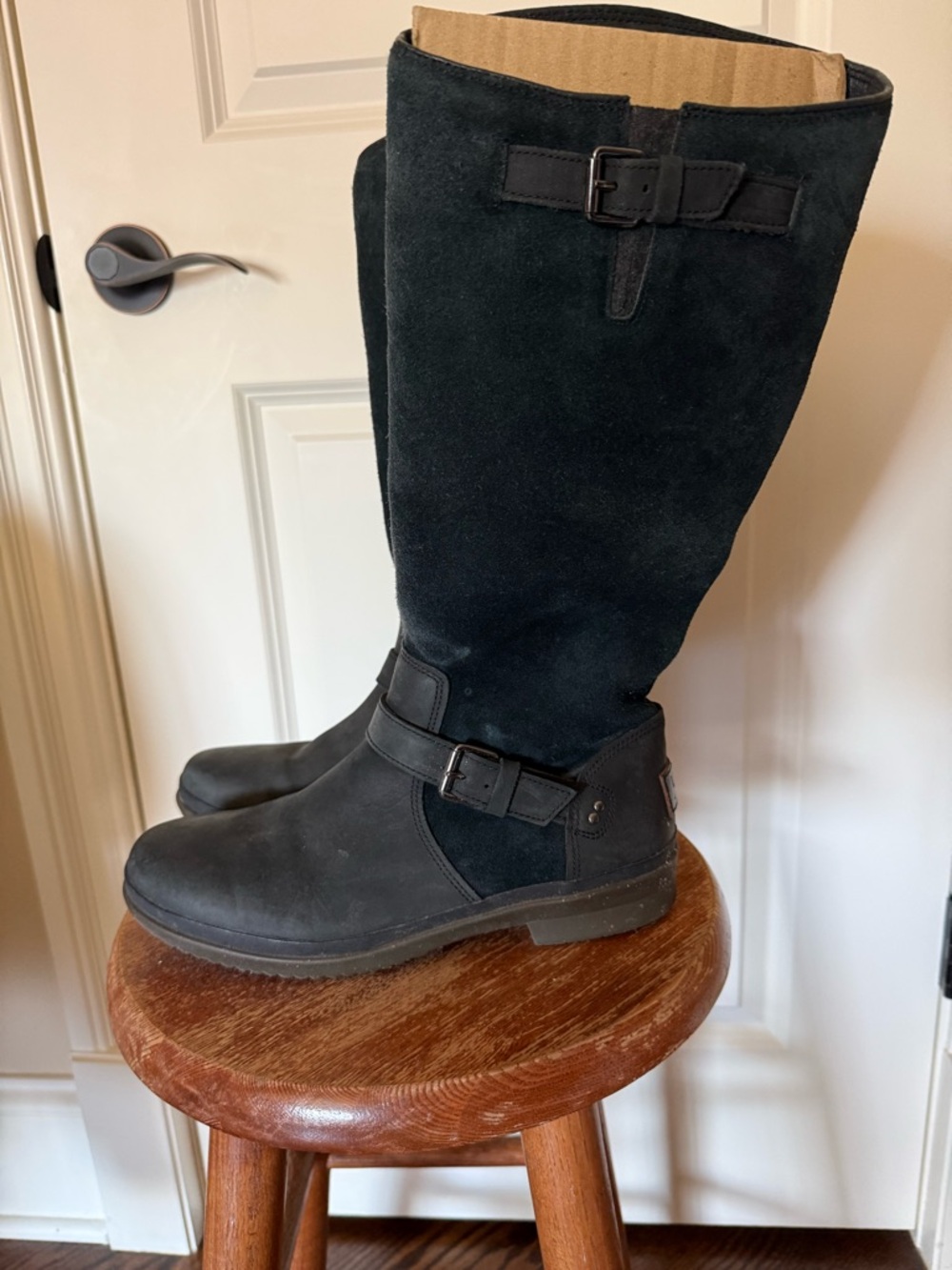 Women’s Tall Black Suede & Leather Buckle Boots